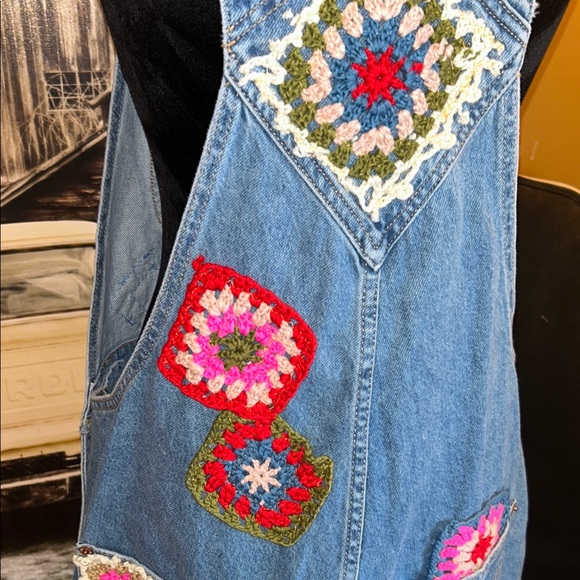 Upcycled Denim Overalls with Crochet Accents - Picture 3 of 7